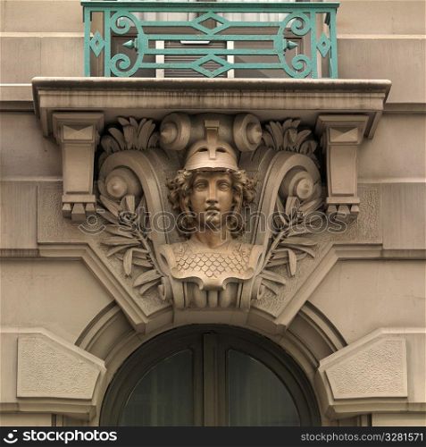 Decorative carvings on exterior of a building in Manhattan, New York City, U.S.A.