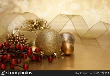 Decorative Christmas background with baubles, gift and beads