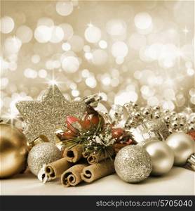 Decorative Christmas background with decorations, bokeh lights and stars