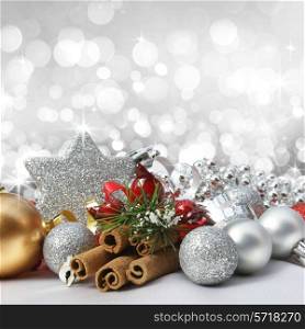 Decorative Christmas background with decorations, bokeh lights and stars