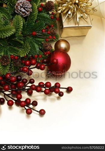 Decorative Christmas background with decorations, gift and wreath