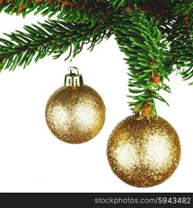 Decorative christmas balls on fir branch isolated on white background