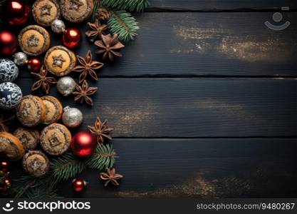 Decorative christmas composition on wooden surface. Generative AI. Decorative christmas composition. Generative AI