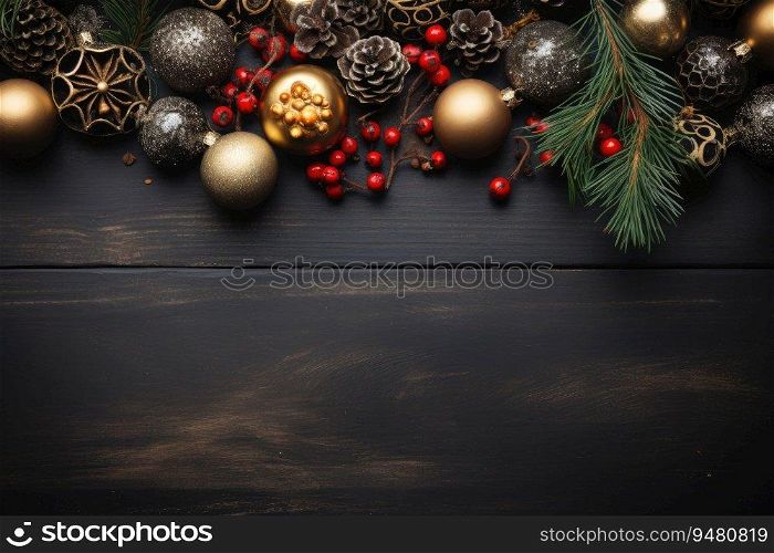 Decorative christmas composition on wooden surface. Generative AI. Decorative christmas composition. Generative AI