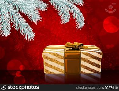 Decorative Christmas greeting card and 3D gift box with golden bow, 3D Illustration.