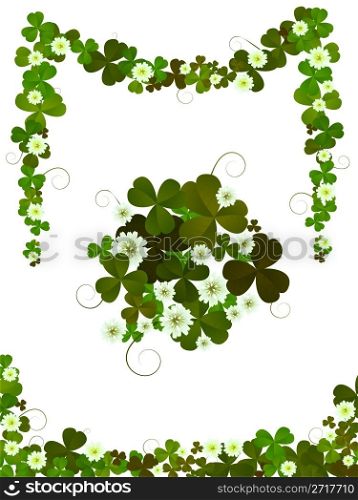 Decorative clover design elements for St.Patrick&rsquo;s Day layouts against white background