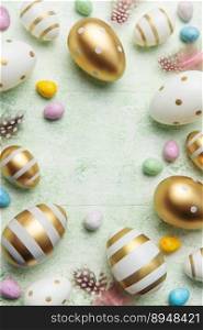 Decorative colored Easter eggs on a green wooden background. Festive background with place for text. The concept of Easter holidays.