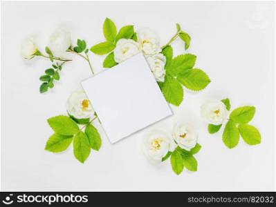 Decorative composition in retro style consisting of white paper card and white rose flowers with green leaves on white background. Top view, flat lay
