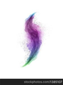 Decorative curved powder or dust wave as a colorful splash or explosion on a white background with copy space.. Colorful curved powder splash or explosion on a white background.