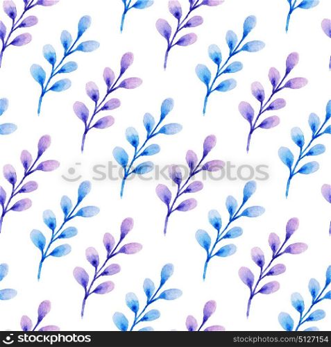 Decorative floral watercolor seamless pattern with blue branch on a white background