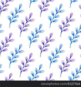 Decorative floral watercolor seamless pattern with blue branch on a white background