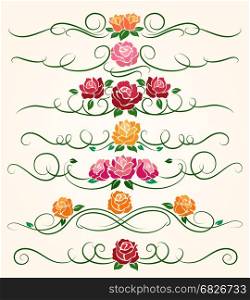 Decorative flourish rose flower dividers. Decorative flourish borders and rose flower dividers calligraphic ornaments for spring invitations vector illustration