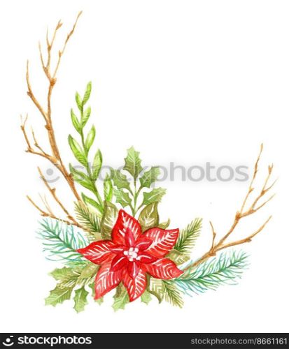 Decorative flower composition with branches, Christmas tree and poinsettia. Watercolor realistic hand drawn isolated illustration. White background. For cards, decor, christmas design, print,porcelain. Christmas plants and poinsettia watercolor isolated illustration