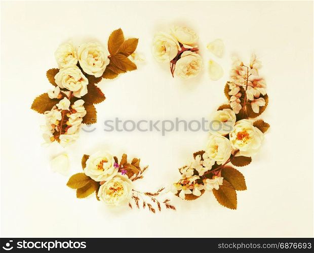 Decorative frame in retro style consisting of white wild rose flowers with green leaves on white background. Top view, flat lay. Toned image