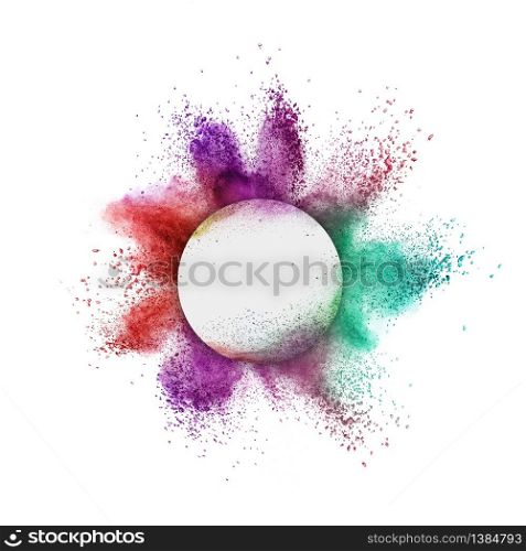 Decorative frame with abstract chaotic colorful powder explosion or burst on a white background, copy space.. Colorful powder splash in a round frame on a white background.