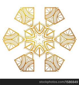 Decorative geometric golden snowflake on white, retro art deco style ornament.