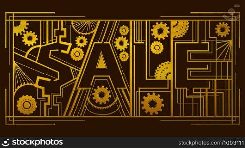 Decorative geometric ornament with golden gears and word sale, art deco style design.