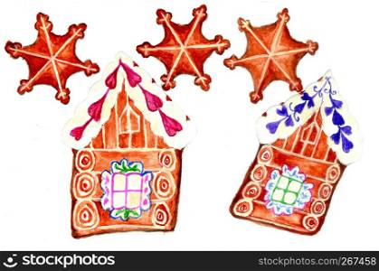 Decorative gingerbread cookies for Christmas watercolor painted illustration.