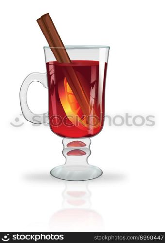 Decorative glass of hot mulled wine with orange slice and cinnamon stick.