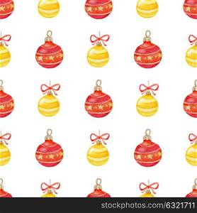 Decorative hand drawn watercolor Christmas seamless pattern with red and yellow decorations on a white background