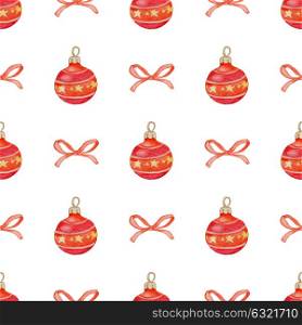 Decorative hand drawn watercolor Christmas seamless pattern with red decorations on a white background