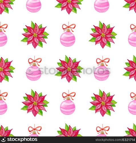 Decorative hand drawn watercolor Christmas seamless pattern with red flowers and decorations on a white background
