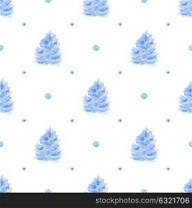 Decorative hand drawn watercolor seamless pattern with blue fir trees and snow on a white background