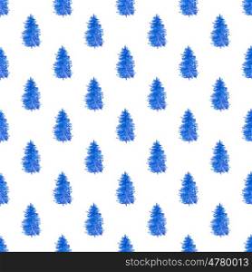 Decorative hand drawn watercolor seamless pattern with blue fir trees on a white background