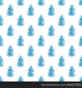 Decorative hand drawn watercolor seamless pattern with blue fir trees on a white background