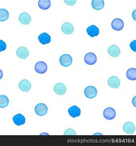 Decorative hand drawn watercolor seamless pattern with polka dots. Blue round blots on a white background. Blue pattern with polka dots.