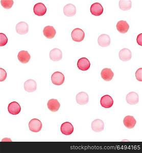 Decorative hand drawn watercolor seamless pattern with polka dots. Red and pink round blots on a white background. Pink pattern with polka dots