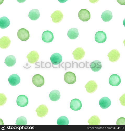 Decorative hand drawn watercolor seamless pattern with polka dots. Green round blots on a white background. Green seamless pattern with polka dots.