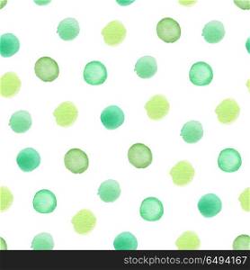 Decorative hand drawn watercolor seamless pattern with polka dots. Green round blots on a white background. Green seamless pattern with polka dots.