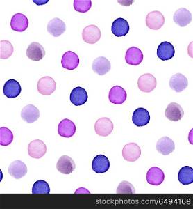 Decorative hand drawn watercolor seamless pattern with polka dots. Violet round blots on a white background. Violet seamless pattern with polka dots