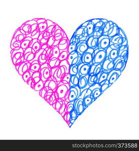 Decorative heart with abstract pink and blue pattern on white background, two colored halves of one heart