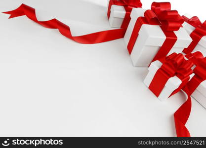 Decorative holiday gifts in white boxes with red ribbons on white background