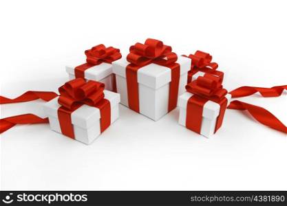 Decorative holiday gifts in white boxes with red ribbons on white background