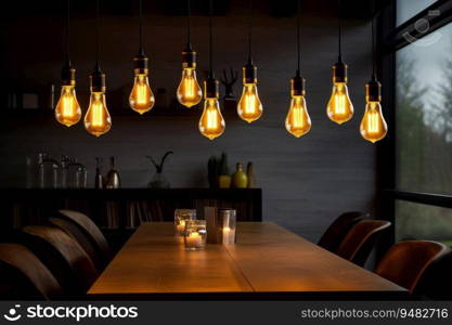 Decorative incandescent l&s hang over the desk in the office. Decorative modern light bulb in the room