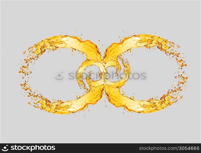 Decorative infinity sign from splashing light beer waves on a light grey background with copy space.. Splashing beer waves in the form of infinity symbol.