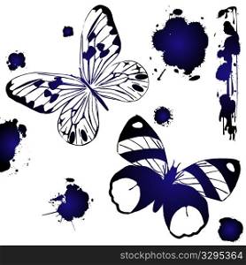 Decorative ink butterflies against white background, grunge art