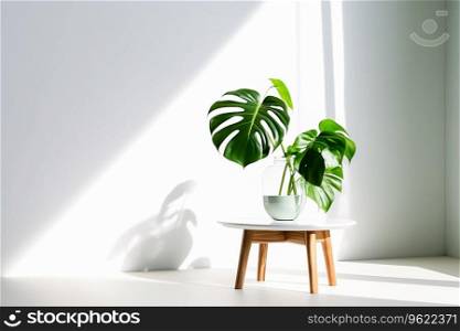 Decorative monstera tree planted pot. Green tropical leaf background, nature concept. Ai generated