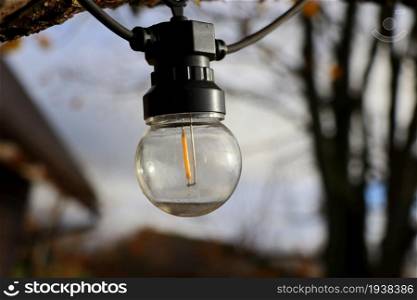 Decorative outdoor lights bulb hanging on tree in the garden at night time .. Decorative outdoor lights bulb hanging on tree in the garden at night time