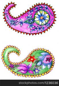 Decorative paisley ornament with colorful flowers, watercolor design.