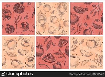 Decorative pattern set with pomergranate, peach. Hand drawn natural fruit with leaves, vector illustration. Background decoration collection with organic fresh food, healthy nutrition element. Decorative pattern set with pomergranate, peach