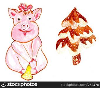 Decorative pig shaped gingerbread cookies for Christmas watercolor painted illustration.