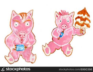 Decorative pig shaped gingerbread cookies for Christmas watercolor painted illustration.