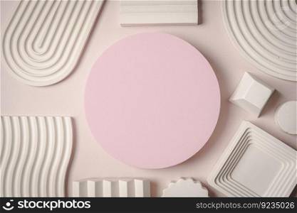 Decorative plaster podiums on pastel pink background, top view, flat lay. Place for product presentation. Creative product platform. Decorative plaster podiums