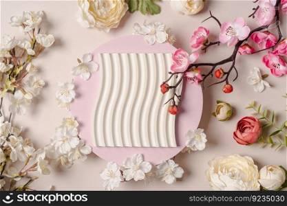 Decorative podium with pink cherry flowers on pastel pink background, top view, flat lay. Place for product presentation. Creative product platform. Decorative plaster podiums