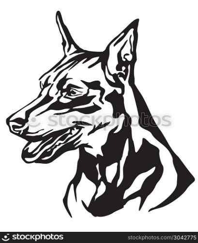Decorative portrait in profile of Dog Miniature Pinscher, vector isolated illustration in black color on white background. Image for design and tattoo. . Decorative portrait of Dog Miniature Pinscher vector illustratio
