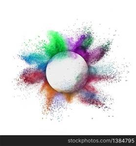 Decorative round frame with abstract colorful powder splash or explosion on a white background, copy space.. Round frame with colorful powder splash on a white background.